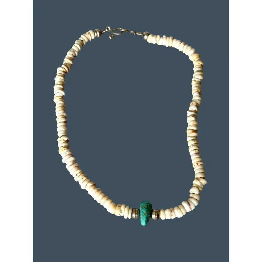 Old Southwestern Puka Oyster Shell Necklace Turquoise Accent & Sterling Silver - Picture 2 of 12
